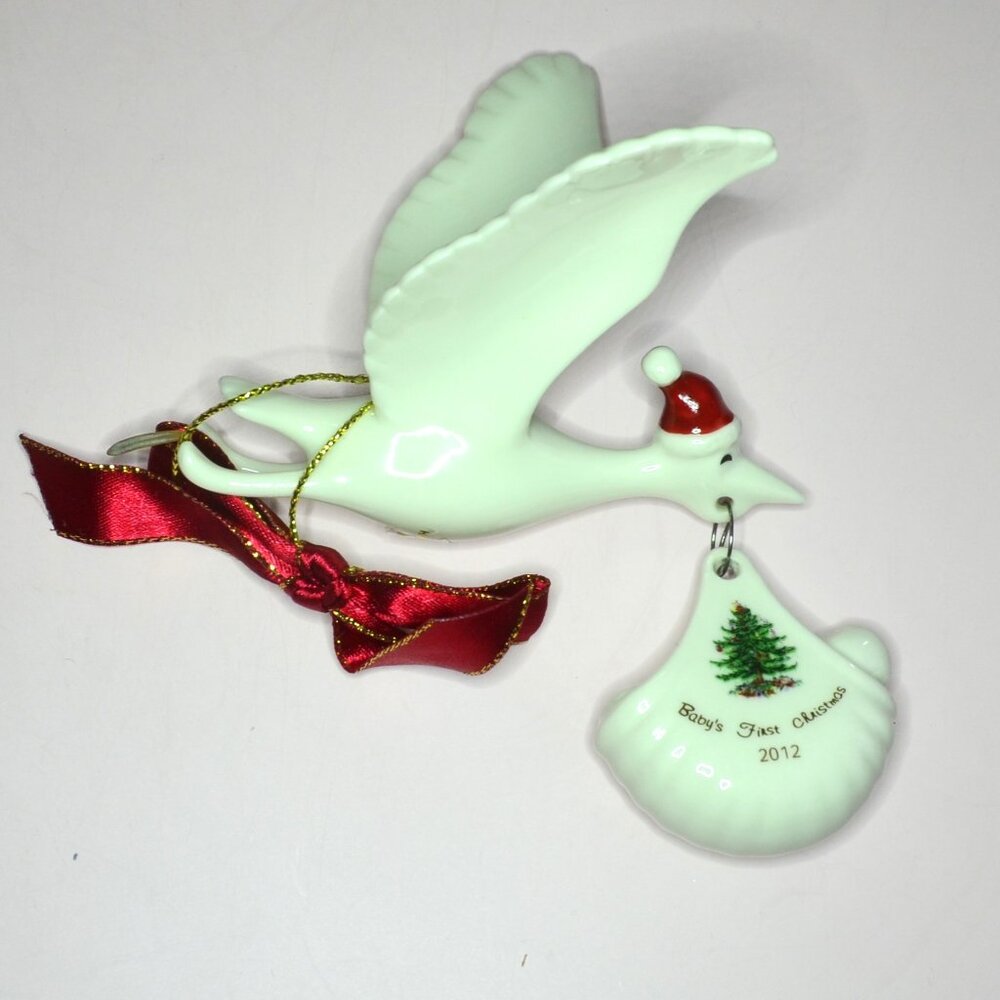 Spode Christmas Tree Ornament Stork Carrying Baby 2012 With Original Box